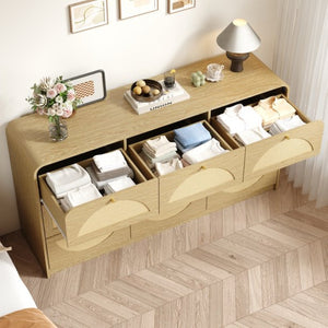 English Elm Natural Rattan Front Nine Drawer Wide Dresser with Gold Knobs for Boho Bedroom Entryway W409S00034