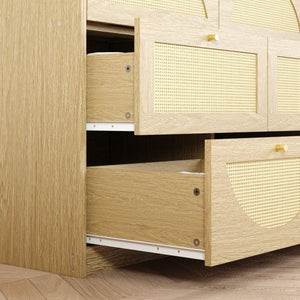 English Elm Natural Rattan Front Nine Drawer Wide Dresser with Gold Knobs for Boho Bedroom Entryway W409S00034