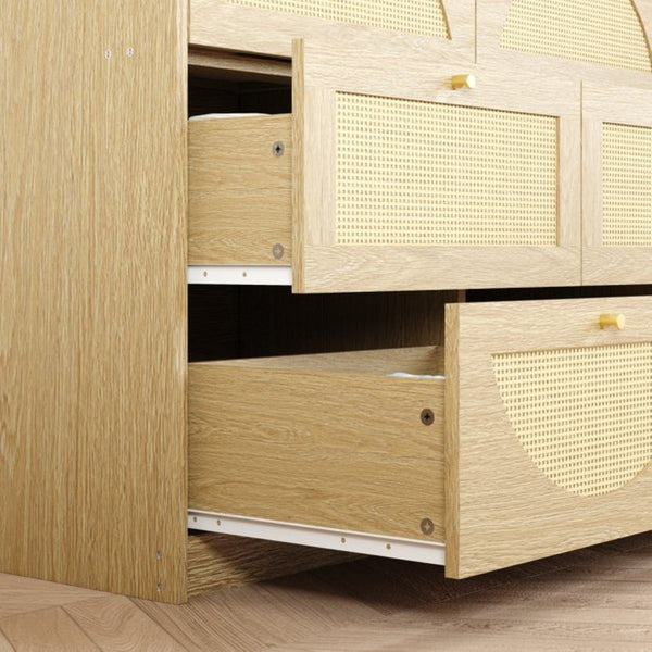 English Elm Natural Rattan Front Nine Drawer Wide Dresser with Gold Knobs for Boho Bedroom Entryway W409S00034