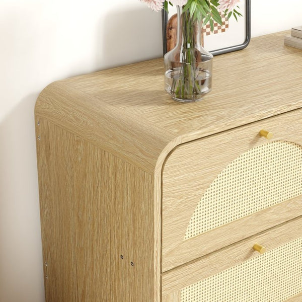 English Elm Natural Rattan Front Nine Drawer Wide Dresser with Gold Knobs for Boho Bedroom Entryway W409S00034