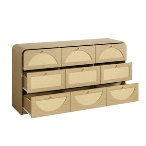 English Elm Natural Rattan Front Nine Drawer Wide Dresser with Gold Knobs for Boho Bedroom Entryway W409S00034