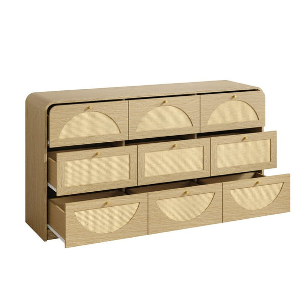 English Elm Natural Rattan Front Nine Drawer Wide Dresser with Gold Knobs for Boho Bedroom Entryway W409S00034