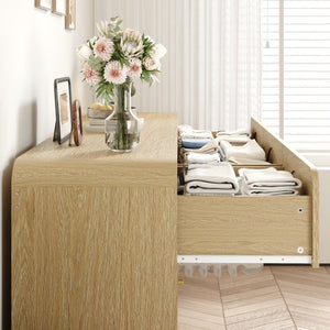 English Elm Natural Rattan Front Nine Drawer Wide Dresser with Gold Knobs for Boho Bedroom Entryway W409S00034