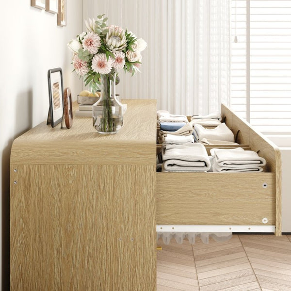 English Elm Natural Rattan Front Nine Drawer Wide Dresser with Gold Knobs for Boho Bedroom Entryway W409S00034