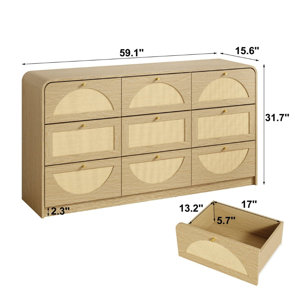 English Elm Natural Rattan Front Nine Drawer Wide Dresser with Gold Knobs for Boho Bedroom Entryway W409S00034