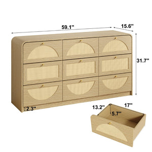 English Elm Natural Rattan Front Nine Drawer Wide Dresser with Gold Knobs for Boho Bedroom Entryway W409S00034