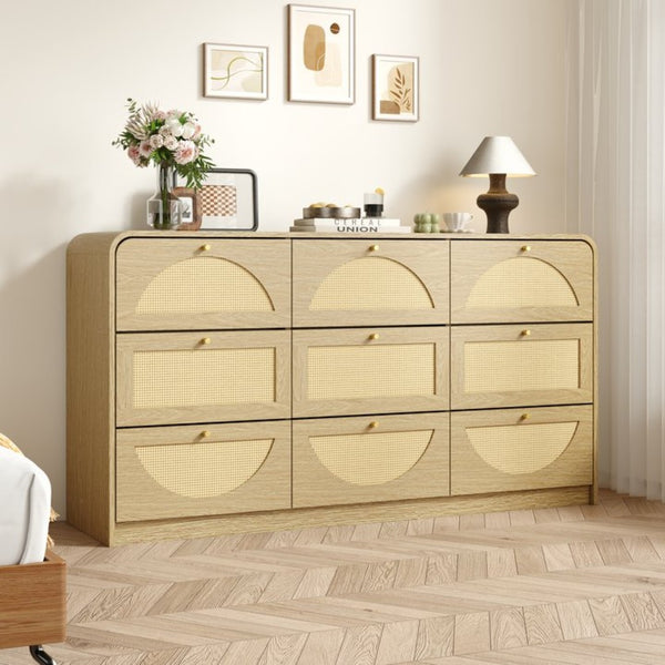 English Elm Natural Rattan Front Nine Drawer Wide Dresser with Gold Knobs for Boho Bedroom Entryway W409S00034