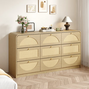 English Elm Natural Rattan Front Nine Drawer Wide Dresser with Gold Knobs for Boho Bedroom Entryway W409S00034