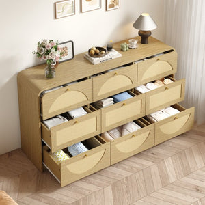English Elm Natural Rattan Front Nine Drawer Wide Dresser with Gold Knobs for Boho Bedroom Entryway W409S00034