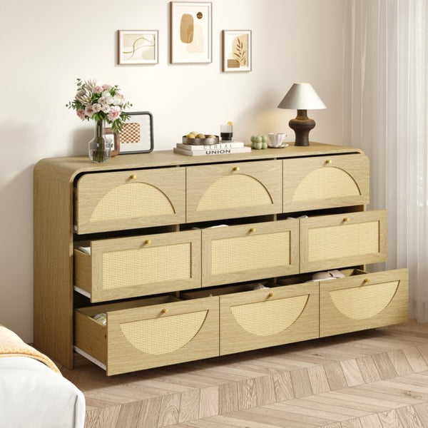 English Elm Natural Rattan Front Nine Drawer Wide Dresser with Gold Knobs for Boho Bedroom Entryway W409S00034