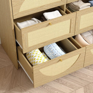 English Elm Natural Rattan Front Nine Drawer Wide Dresser with Gold Knobs for Boho Bedroom Entryway W409S00034