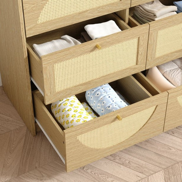English Elm Natural Rattan Front Nine Drawer Wide Dresser with Gold Knobs for Boho Bedroom Entryway W409S00034