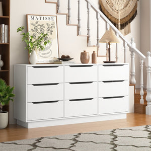 English Elm 9 Drawer Wide Low Profile White Wood Dresser for Modern Bedroom or Closet Storage W409S00035