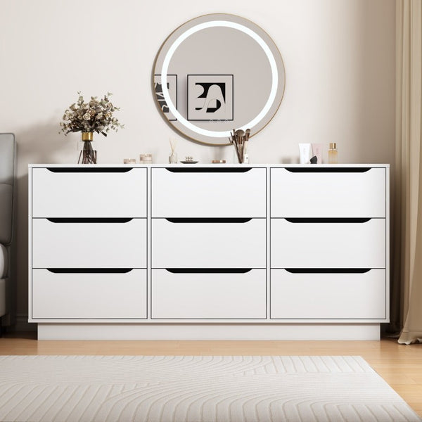 English Elm 9 Drawer Wide Low Profile White Wood Dresser for Modern Bedroom or Closet Storage W409S00035