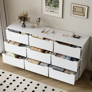 English Elm 9 Drawer Wide Low Profile White Wood Dresser for Modern Bedroom or Closet Storage W409S00035