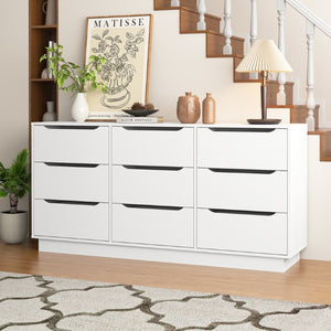 English Elm 9 Drawer Wide Low Profile White Wood Dresser for Modern Bedroom or Closet Storage W409S00035