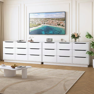English Elm 9 Drawer Wide Low Profile White Wood Dresser for Modern Bedroom or Closet Storage W409S00035