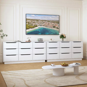 English Elm 9 Drawer Wide Low Profile White Wood Dresser for Modern Bedroom or Closet Storage W409S00035