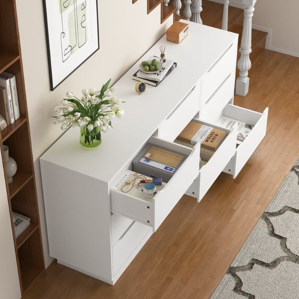 English Elm 9 Drawer Wide Low Profile White Wood Dresser for Modern Bedroom or Closet Storage W409S00035