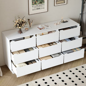 English Elm 9 Drawer Wide Low Profile White Wood Dresser for Modern Bedroom or Closet Storage W409S00035