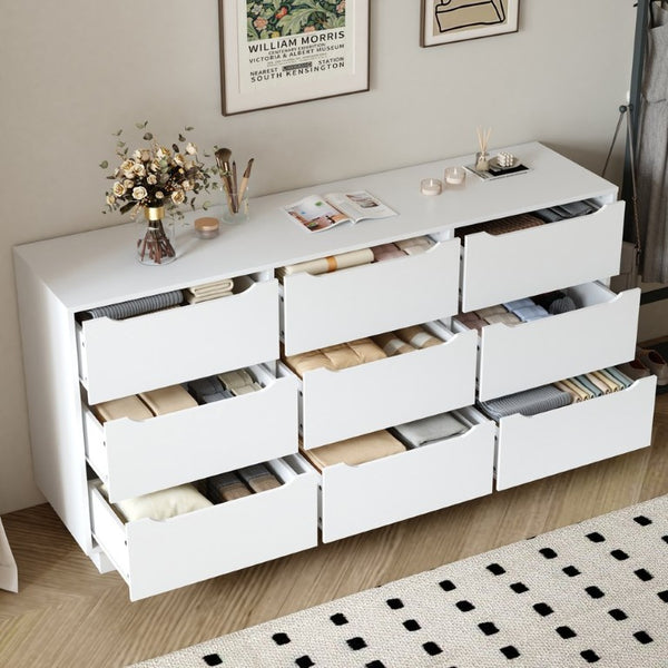 English Elm 9 Drawer Wide Low Profile White Wood Dresser for Modern Bedroom or Closet Storage W409S00035