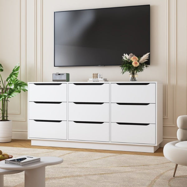 English Elm 9 Drawer Wide Low Profile White Wood Dresser for Modern Bedroom or Closet Storage W409S00035