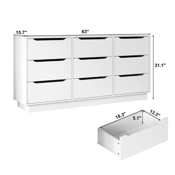English Elm 9 Drawer Wide Low Profile White Wood Dresser for Modern Bedroom or Closet Storage W409S00035