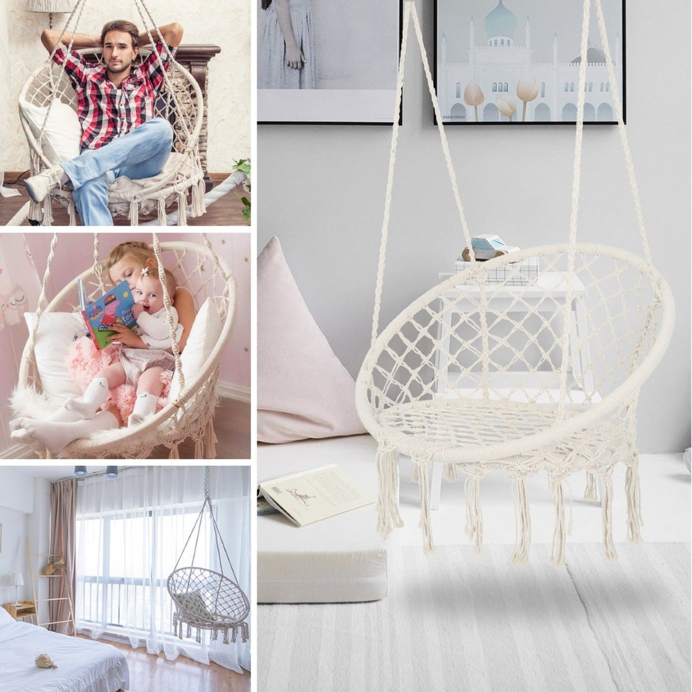 English Elm Hammock Chair Hand Knotted Macrame Cotton Rope Boho Swing for Patio or Bedroom W41917522