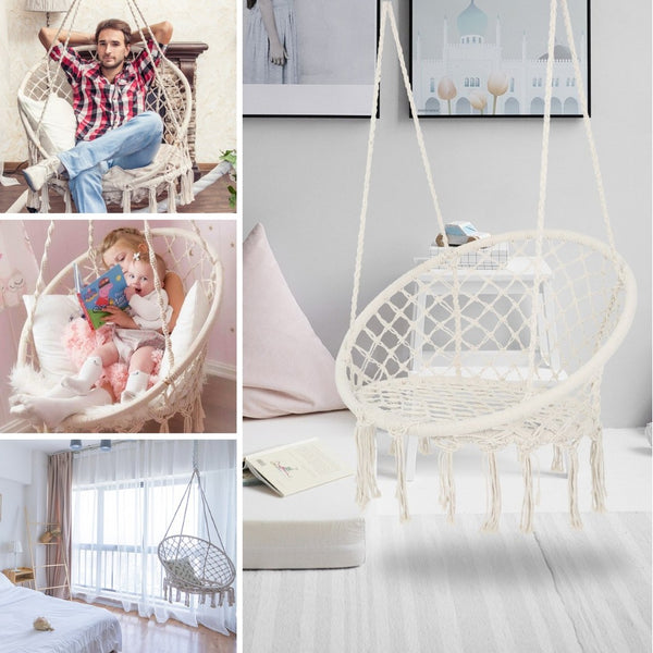 English Elm Hammock Chair Hand Knotted Macrame Cotton Rope Boho Swing for Patio or Bedroom W41917522