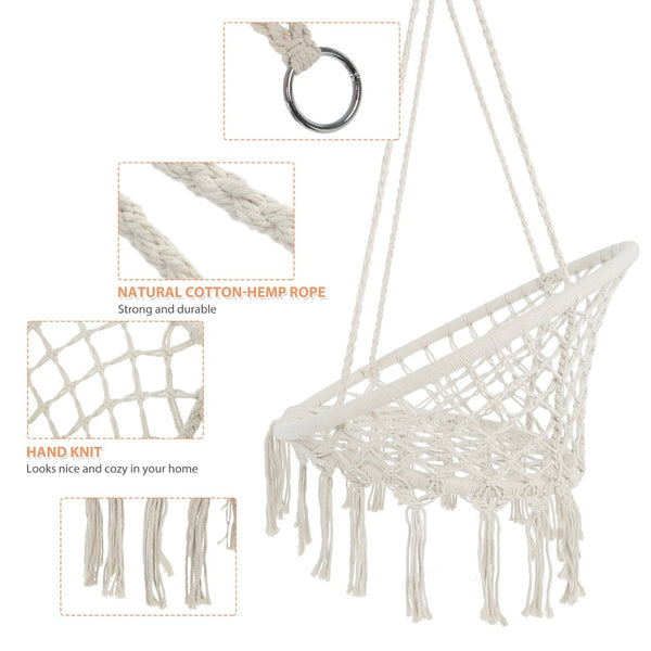 English Elm Hammock Chair Hand Knotted Macrame Cotton Rope Boho Swing for Patio or Bedroom W41917522
