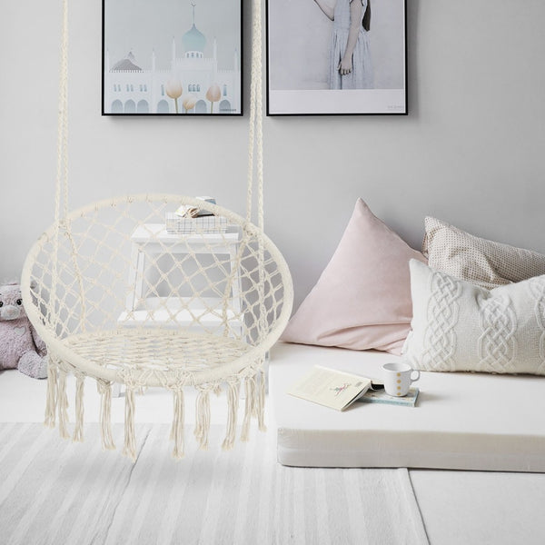 English Elm Hammock Chair Hand Knotted Macrame Cotton Rope Boho Swing for Patio or Bedroom W41917522
