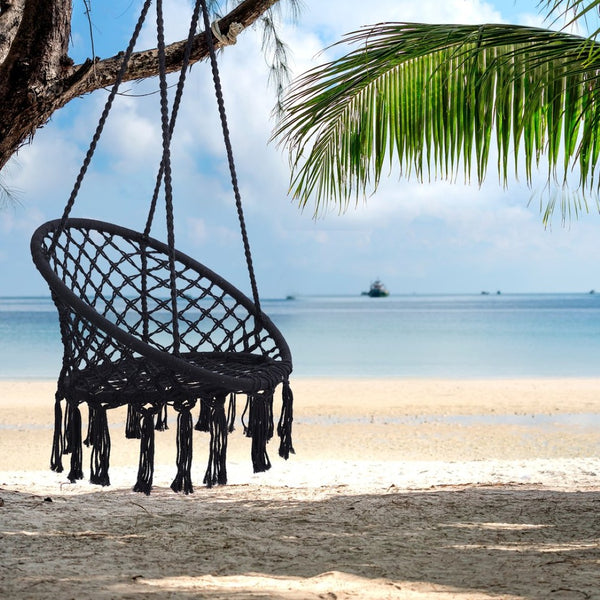 English Elm Black Macrame Hammock Chair Handwoven Cotton Rope Bohemian Swing for Patio or Bedroom W41928658