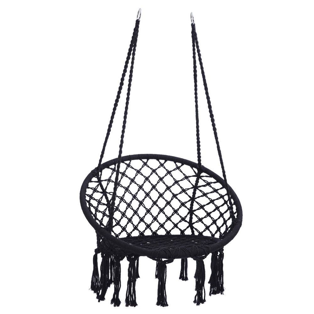 English Elm Black Macrame Hammock Chair Handwoven Cotton Rope Bohemian Swing for Patio or Bedroom W41928658