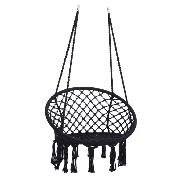 English Elm Black Macrame Hammock Chair Handwoven Cotton Rope Bohemian Swing for Patio or Bedroom W41928658