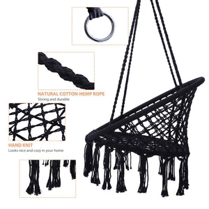 English Elm Black Macrame Hammock Chair Handwoven Cotton Rope Bohemian Swing for Patio or Bedroom W41928658