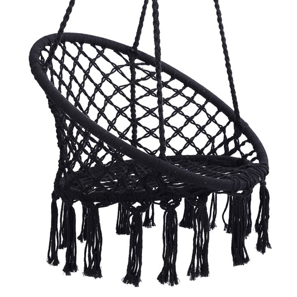 English Elm Black Macrame Hammock Chair Handwoven Cotton Rope Bohemian Swing for Patio or Bedroom W41928658