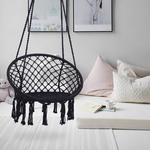 English Elm Black Macrame Hammock Chair Handwoven Cotton Rope Bohemian Swing for Patio or Bedroom W41928658