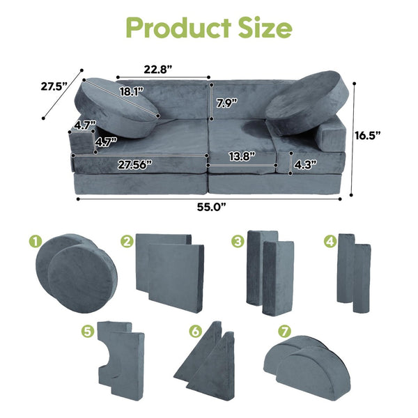 English Elm 14pcs Modular Foam Play Couch Set Buildable Sectional for Toddlers Playroom Fun Gray W419P439458
