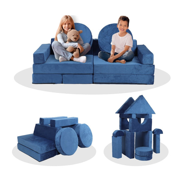 English Elm 14pcs Modular Foam Play Couch Set Buildable Sectional for Toddlers Playroom Fun Blue W419P439460