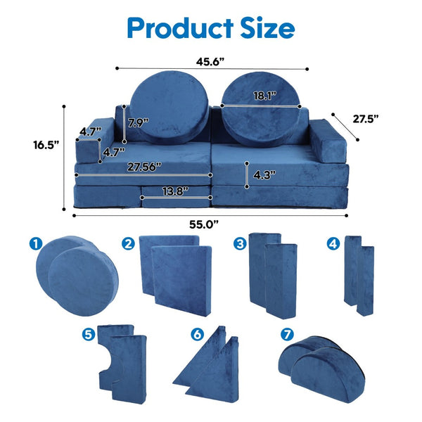 English Elm 14pcs Modular Foam Play Couch Set Buildable Sectional for Toddlers Playroom Fun Blue W419P439460