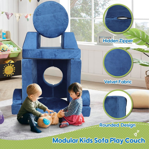 English Elm 14pcs Modular Foam Play Couch Set Buildable Sectional for Toddlers Playroom Fun Blue W419P439460