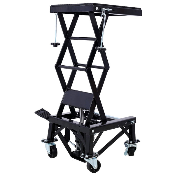 English Elm 300 Lb Hydraulic Scissor Jack Stand for Dirt Bikes with Foot Lever and Locking Wheels W465101850