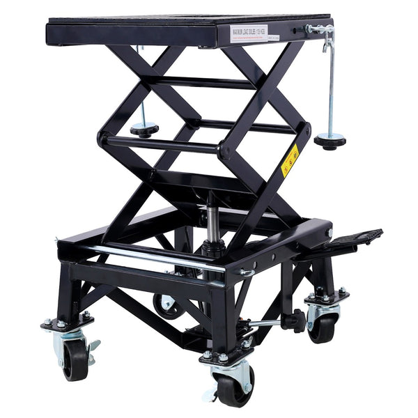 English Elm 300 Lb Hydraulic Scissor Jack Stand for Dirt Bikes with Foot Lever and Locking Wheels W465101850