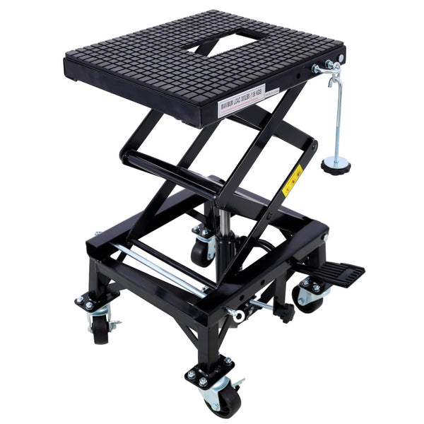 English Elm 300 Lb Hydraulic Scissor Jack Stand for Dirt Bikes with Foot Lever and Locking Wheels W465101850