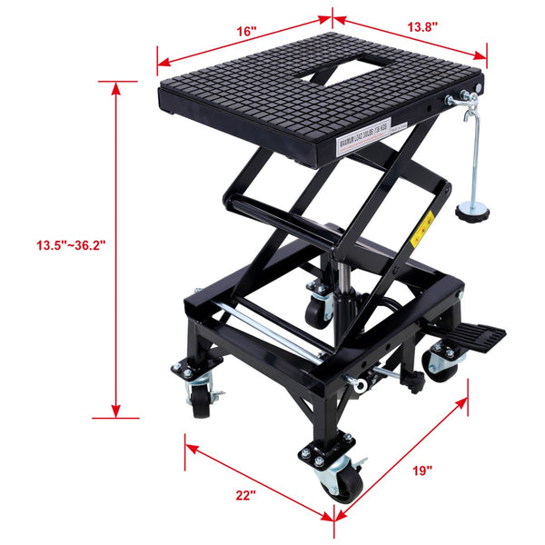 English Elm 300 Lb Hydraulic Scissor Jack Stand for Dirt Bikes with Foot Lever and Locking Wheels W465101850