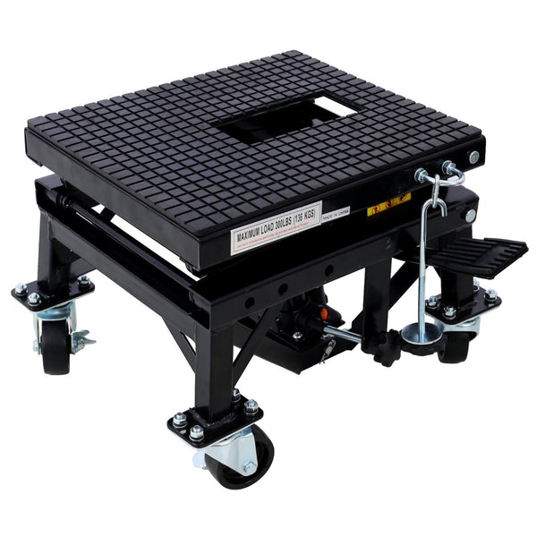 English Elm 300 Lb Hydraulic Scissor Jack Stand for Dirt Bikes with Foot Lever and Locking Wheels W465101850
