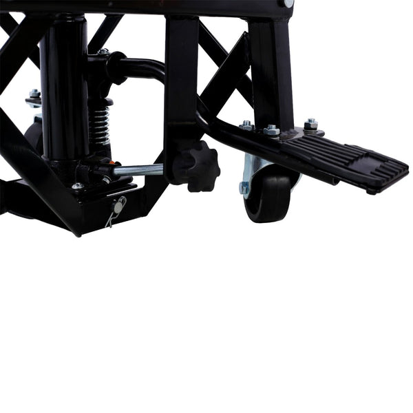 English Elm 300 Lb Hydraulic Scissor Jack Stand for Dirt Bikes with Foot Lever and Locking Wheels W465101850