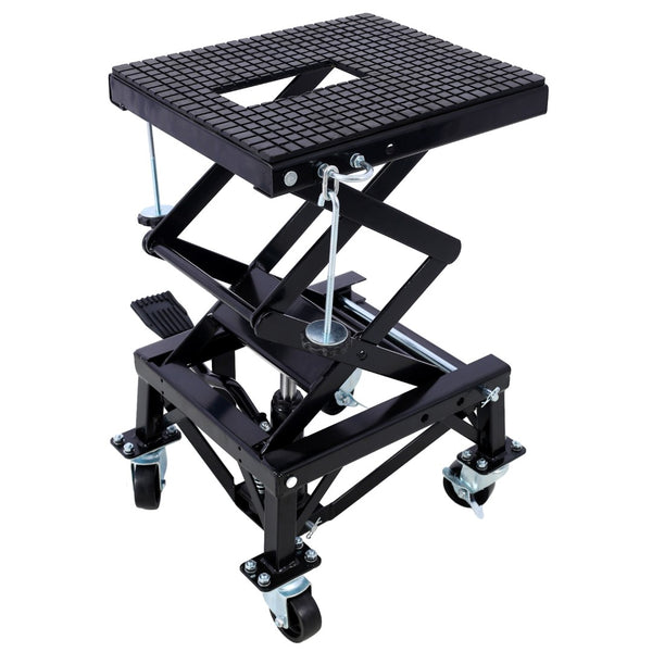 English Elm 300 Lb Hydraulic Scissor Jack Stand for Dirt Bikes with Foot Lever and Locking Wheels W465101850