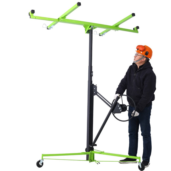English Elm Drywall Panel Hoist Lift with Telescoping Mast Winch Brake and Tilting Cradle Green W465121421