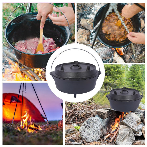 English Elm Pre-Seasoned Cast Iron Dutch Oven with Reversible Skillet Lid for Campfire BBQ W465126163